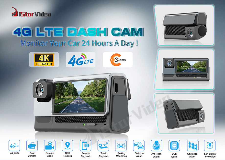 4G LTE 4K Dash Cam 3 Cams UHD 2160P WDR Live Video 24h Remote Monitoring with Sony IMX415 Sensor WiFi GPS Parking Mode